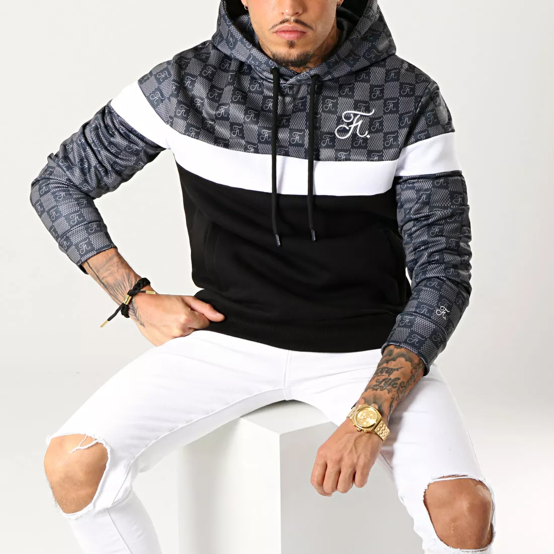 Remise ❤️ Sweat Capuche Damier Avec Broderie 261 Noir Blanc Gris de Final Club ⌛ 5 Remise ❤️ Sweat Capuche Damier Avec Broderie 261 Noir Blanc Gris de Final Club ⌛ – Image 3