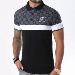Promo 😍 Polo Damier Tricolore Avec Broderie 381 Noir Gris de Final Club ⌛