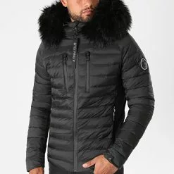 Bon marché 🌟 Doudoune Capuche Premium Tech Fourrure Noir de Final Club ⭐