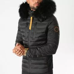 Sortie 😀 Doudoune Capuche Premium Tech Fourrure Noir Orange de Final Club ⌛