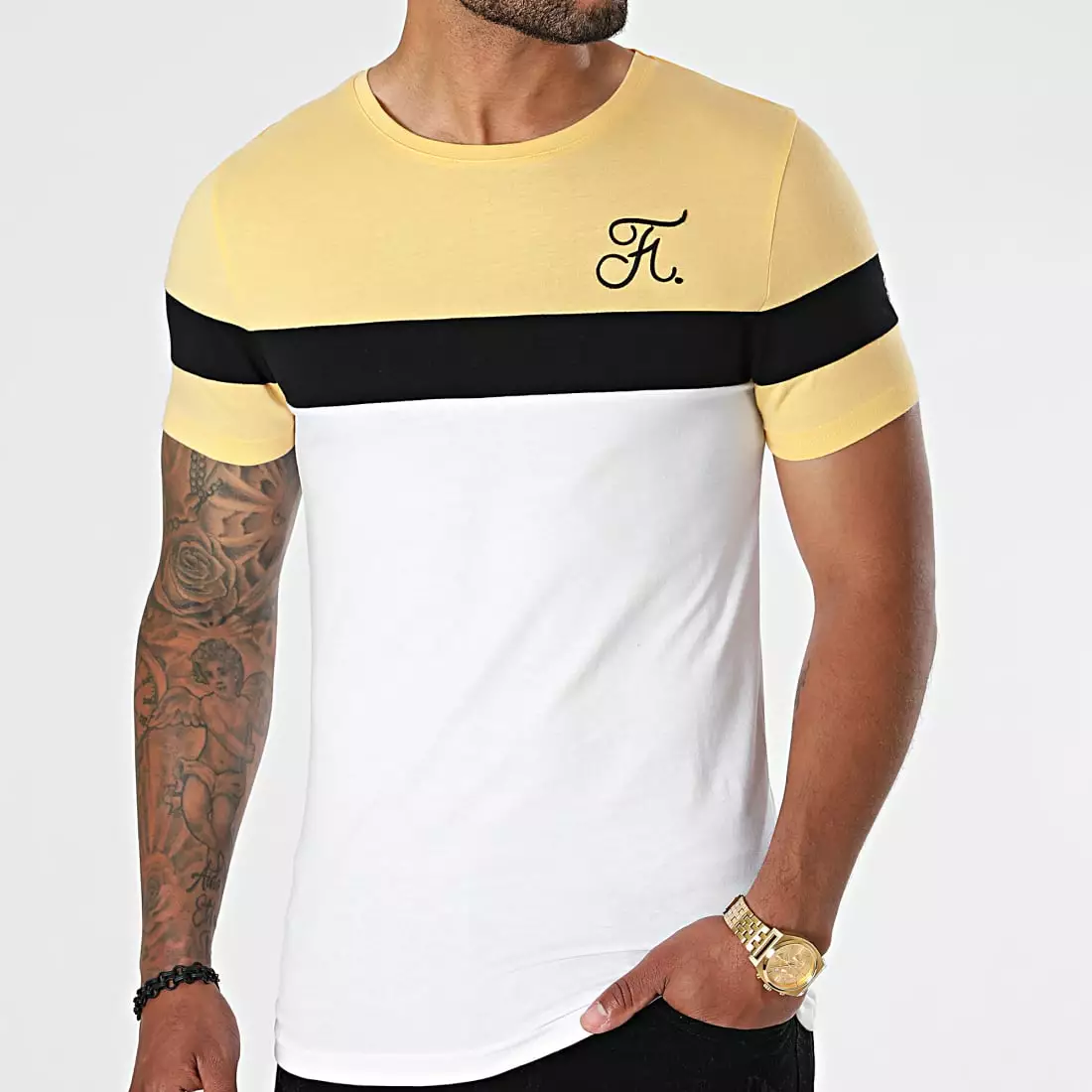 Nouveau 😍 Tee 👕 Shirt Tricolore Avec Broderie 671 Blanc Noir Jaune Pastel de Final Club ❤️ 3 Nouveau 😍 Tee 👕 Shirt Tricolore Avec Broderie 671 Blanc Noir Jaune Pastel de Final Club ❤️