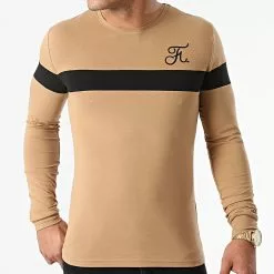 Meilleur prix 🌟 Tee 👚 Shirt Manches Longues Bicolore Avec Broderie 781 Camel Noir de Final Club 💯