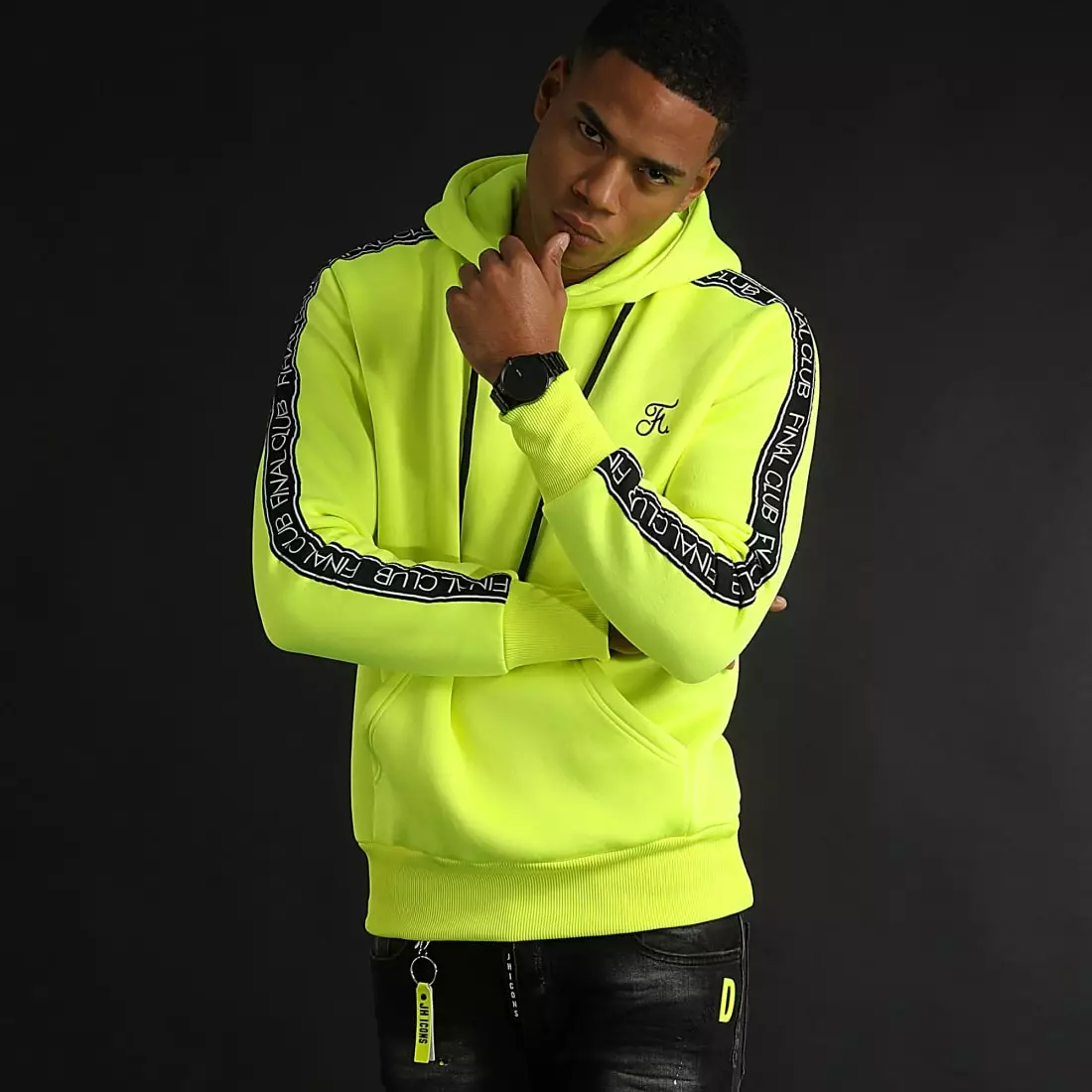 Promo 😀 Sweat Capuche Premium A Bandes 726 Jaune Fluo de Final Club 🛒 6 Promo 😀 Sweat Capuche Premium A Bandes 726 Jaune Fluo de Final Club 🛒 – Image 4