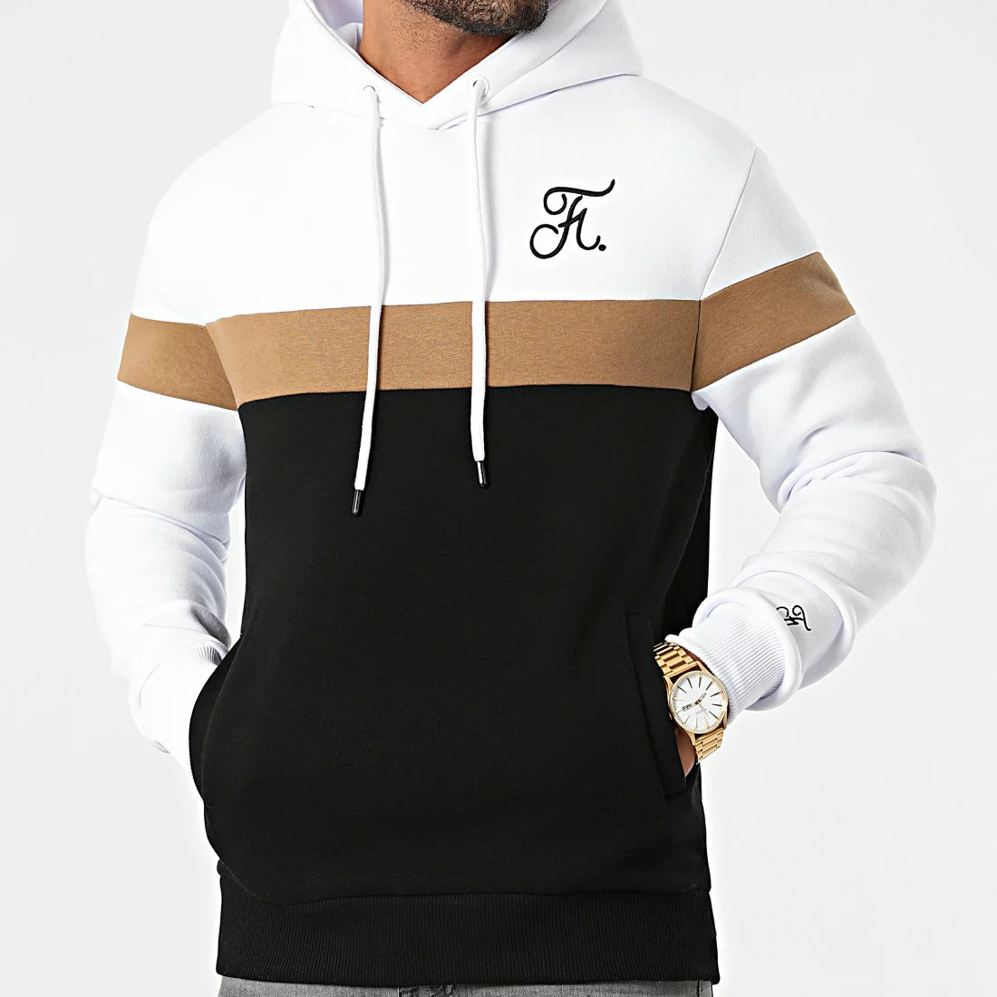 Offres 🧨 Sweat Capuche Tricolore Avec Broderie 444 Blanc Camel Noir de Final Club 👍 5 Offres 🧨 Sweat Capuche Tricolore Avec Broderie 444 Blanc Camel Noir de Final Club 👍 – Image 3
