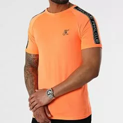 Remise ✔️ Tee 👚 Shirt Slim Fit Avec Bandes Et Broderie 732 Orange Fluo de Final Club 🌟