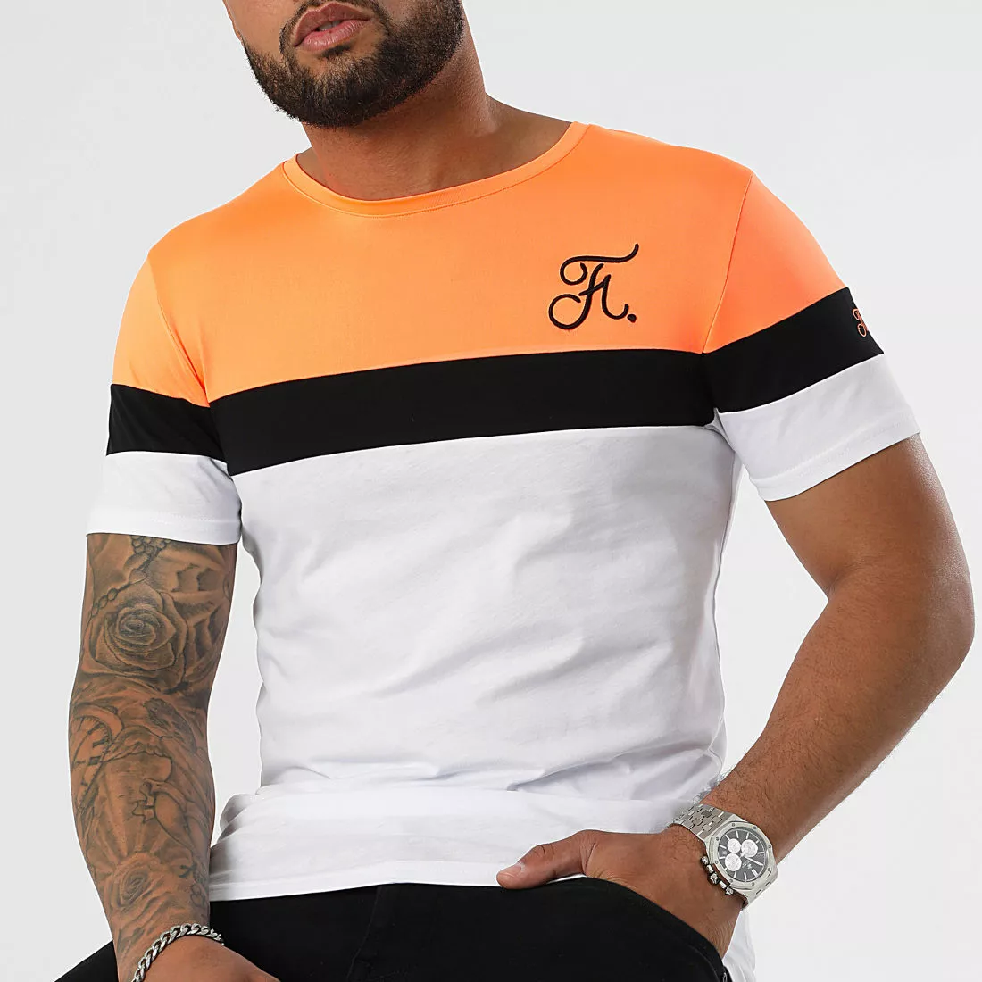 Budget 🎁 Tee 👕 Shirt Tricolore Avec Broderie 951 Orange Fluo Noir Blanc de Final Club 🧨 5 Budget 🎁 Tee 👕 Shirt Tricolore Avec Broderie 951 Orange Fluo Noir Blanc de Final Club 🧨 – Image 3