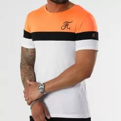 Budget 🎁 Tee 👕 Shirt Tricolore Avec Broderie 951 Orange Fluo Noir Blanc de Final Club 🧨