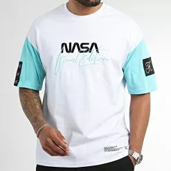 Vente flash 💯 Tee 👚 Shirt Oversize Large NASA Signature 1029 Blanc Bleu Pastel de Final Club 🔔